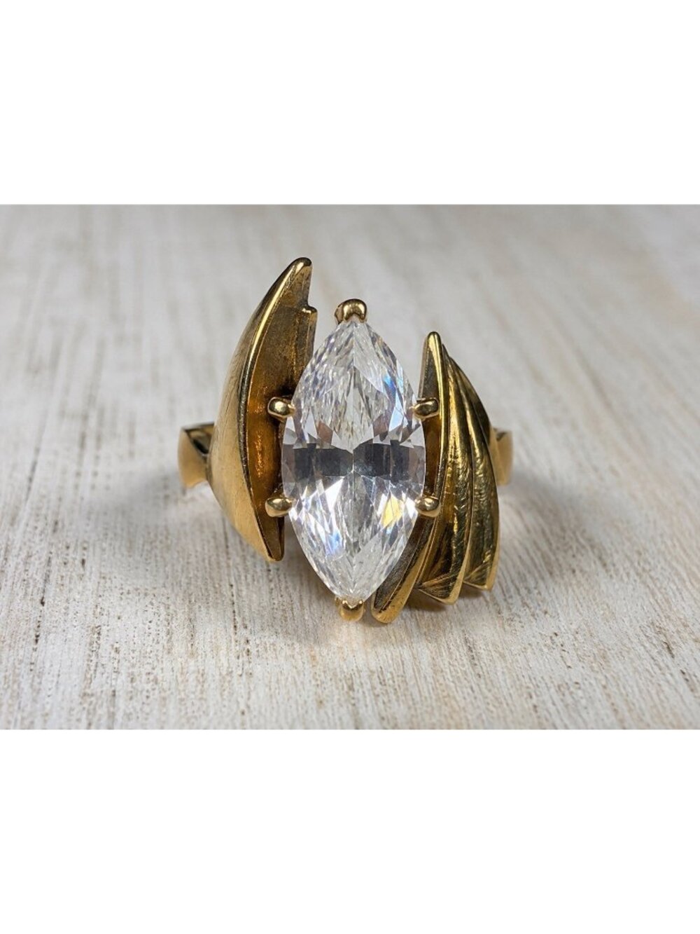Vintage 18K GERSC Gold Electroplate Marquise Clear Stone Cocktail Ring Size 5